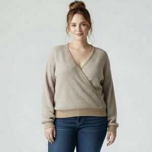 Ninexis XL Waffle Knit Wrap Top NWT Long Sleeve Surplice Beige Taupe